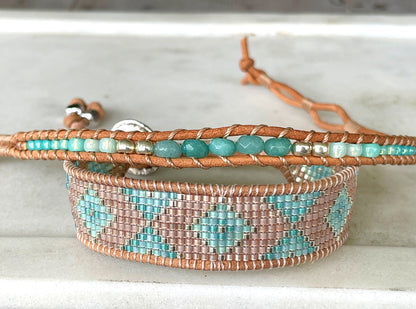 Seafoam ombré Aqua Jade Beaded Macrame Bracelet and Diamond Loom Woven Set