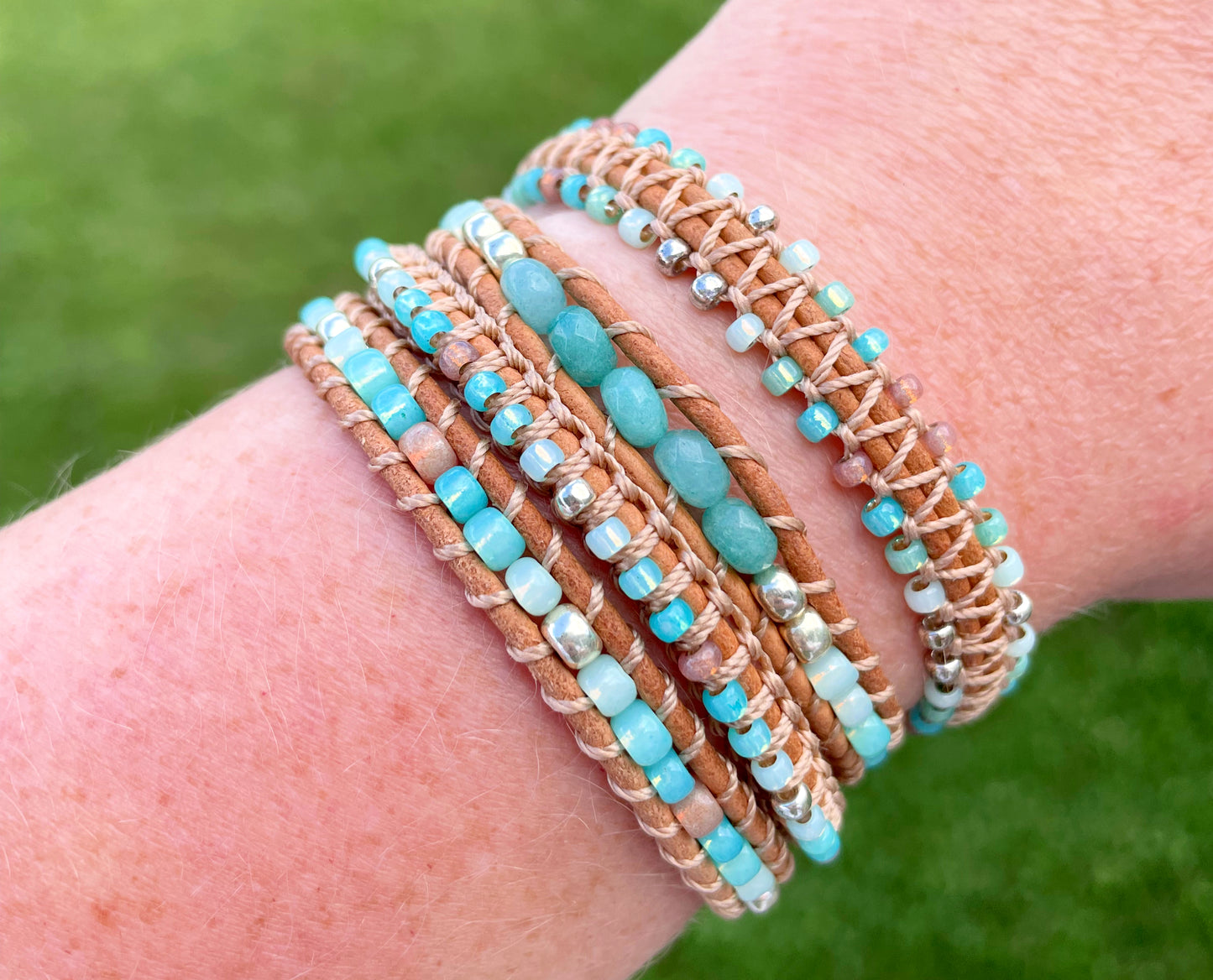 Seafoam and Aqua Jade Ombre Beaded Macrame Bracelet Set