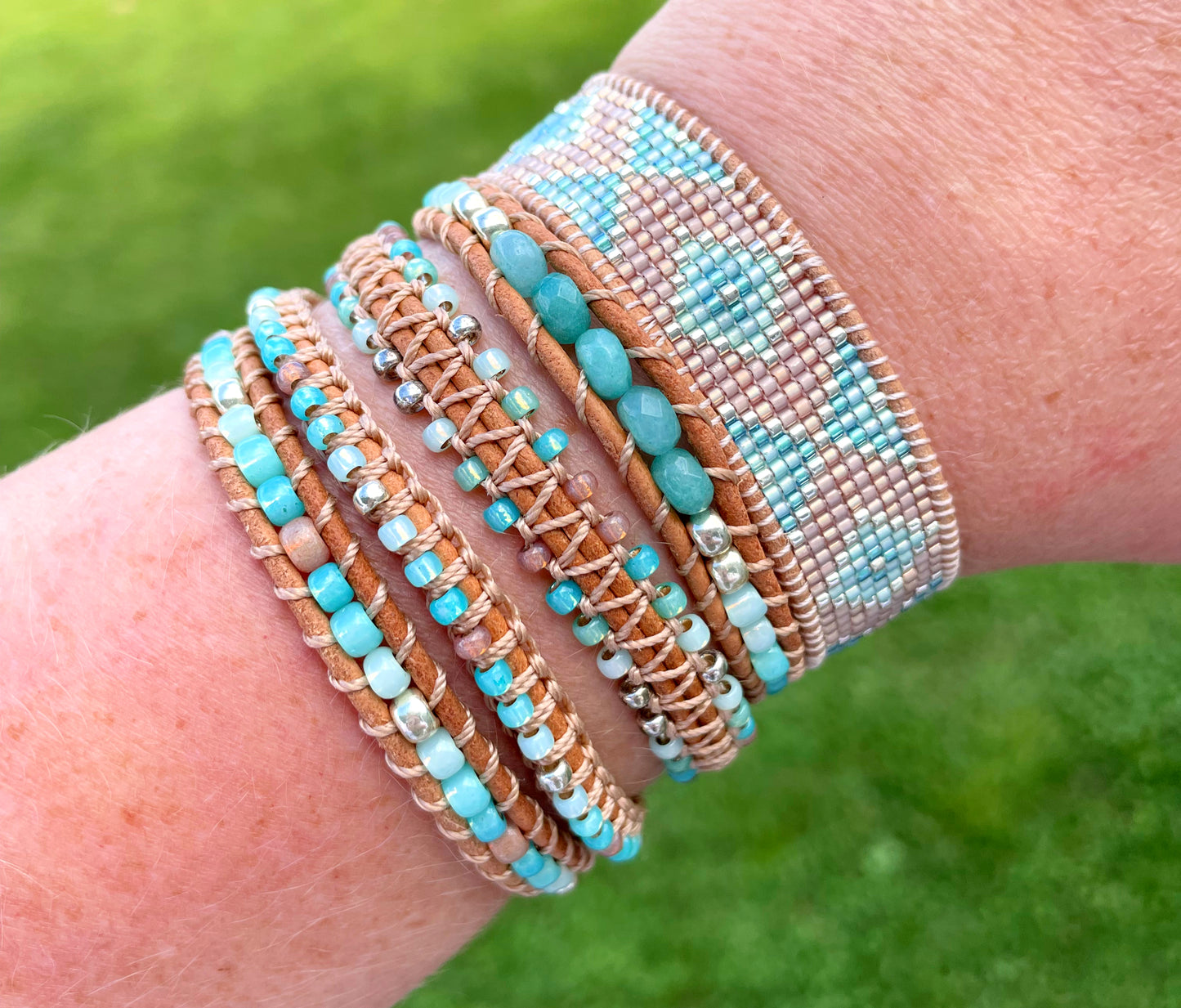 Seafoam ombré Aqua Jade Beaded Macrame Bracelet and Diamond Loom Woven Set