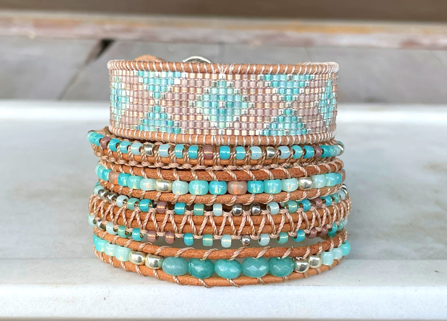 Seafoam Aqua Ombre Diamond beaded friendship bracelet