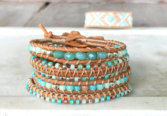 Seafoam and Aqua Jade Ombre Beaded Macrame Bracelet Set