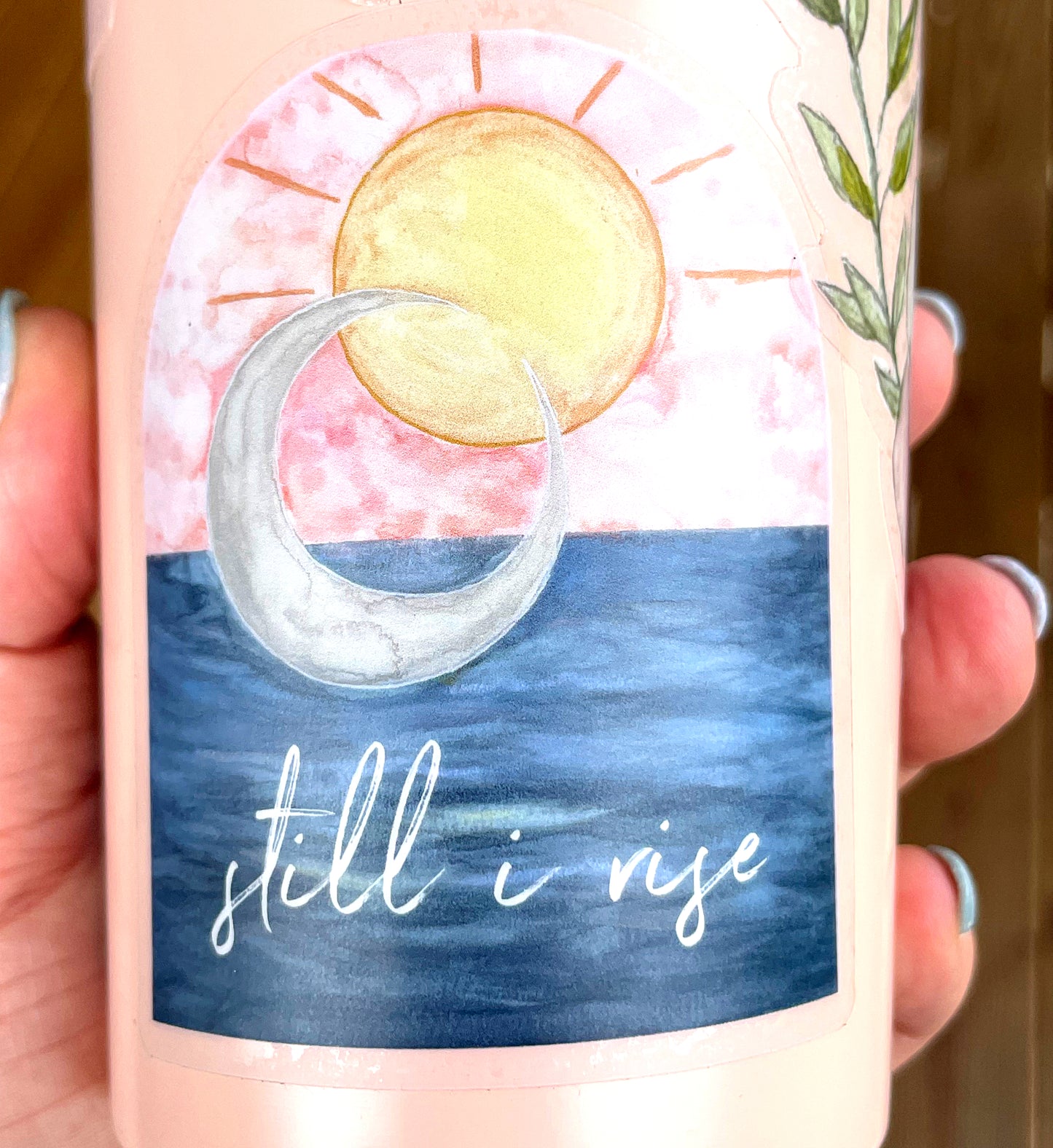 Watercolor Still I Rise sun and moon over the ocean Vinyl waterproof sticker decal