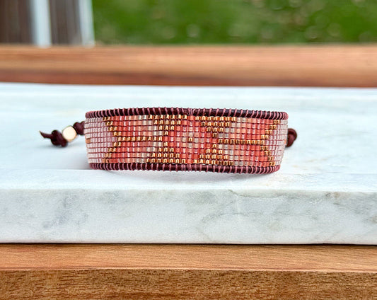 Small Blush,Beige and Copper starburst Bead Loom Woven Bracelet