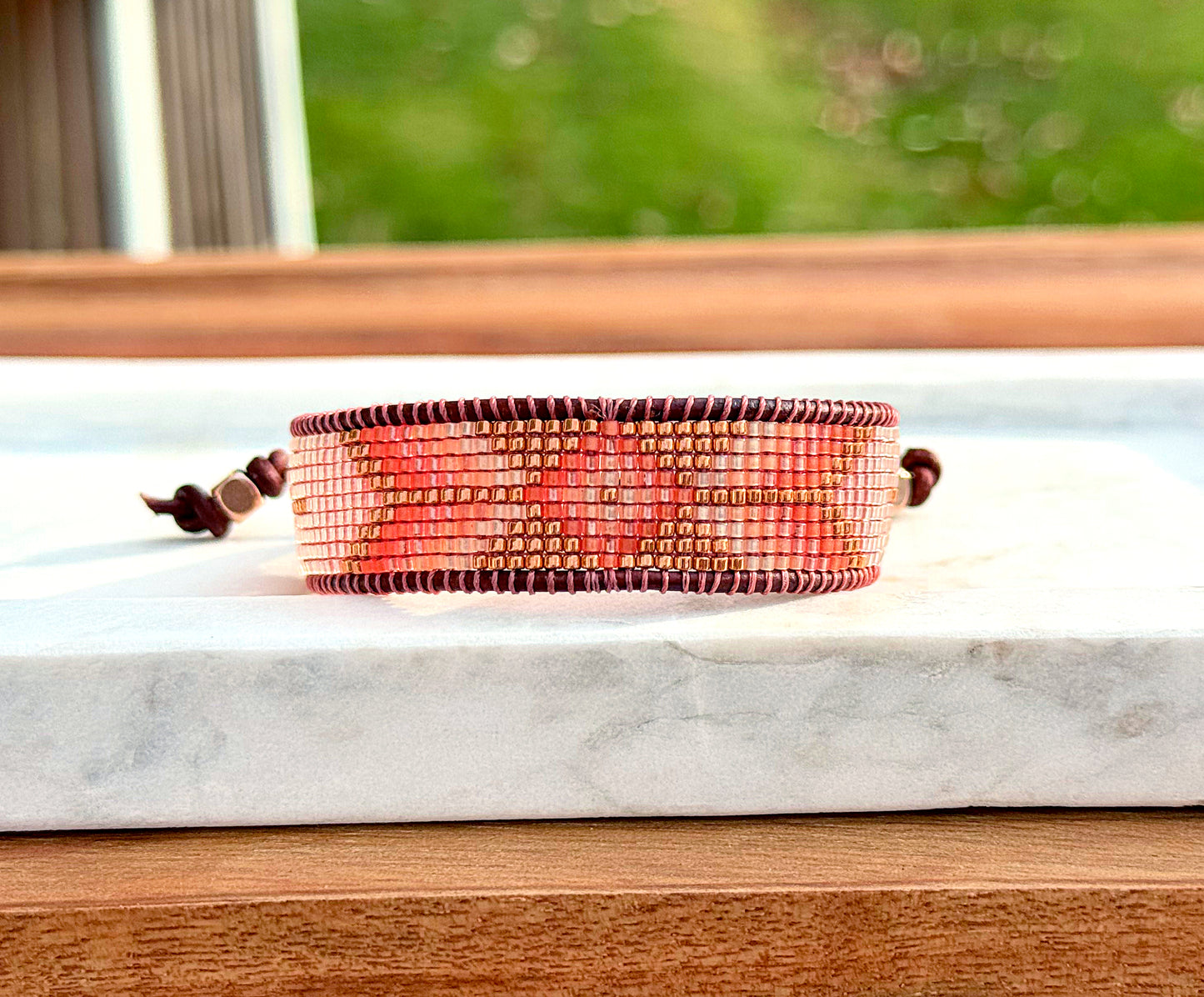 Small Blush,Beige and Copper starburst Bead Loom Woven Bracelet