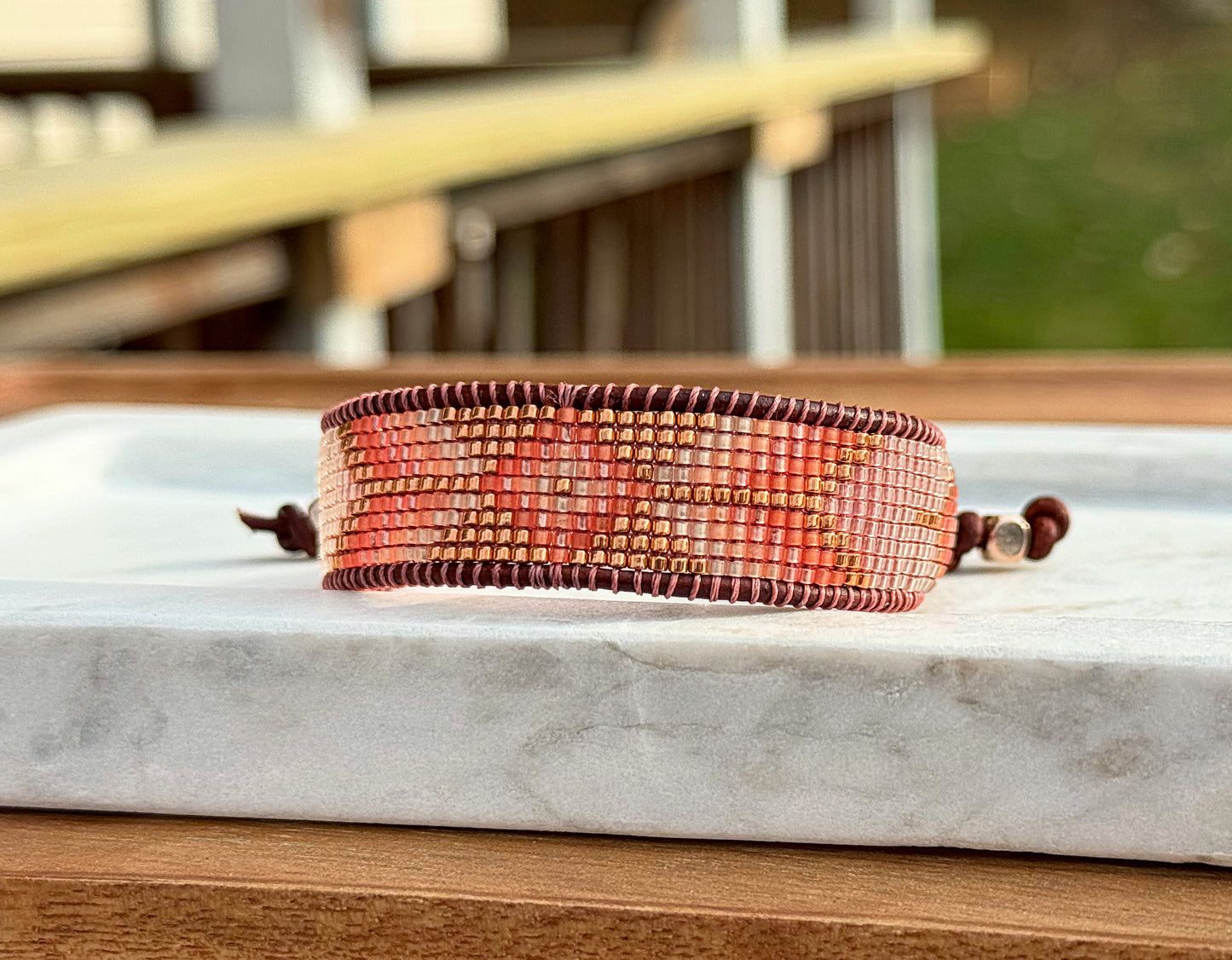 Small Blush,Beige and Copper starburst Bead Loom Woven Bracelet