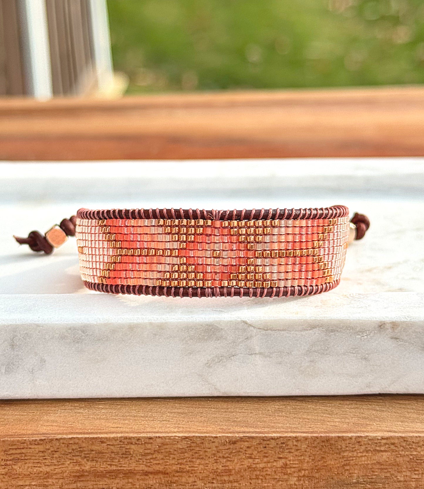 Small Blush,Beige and Copper starburst Bead Loom Woven Bracelet