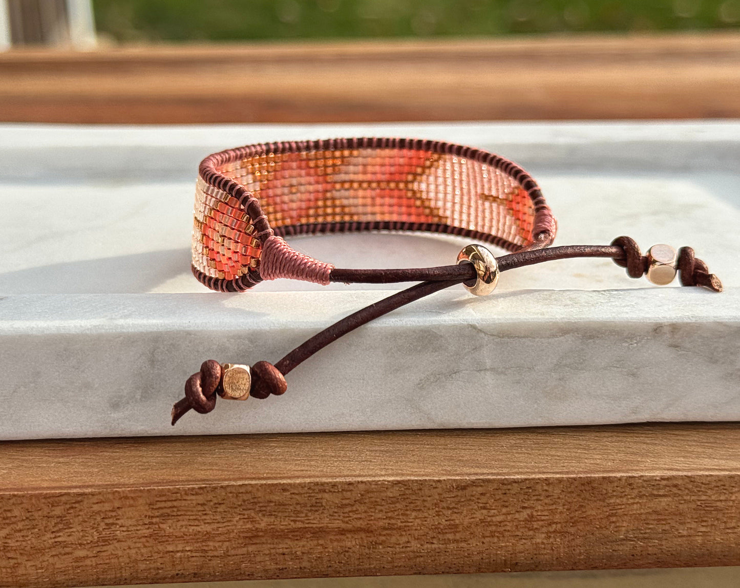 Small Blush,Beige and Copper starburst Bead Loom Woven Bracelet