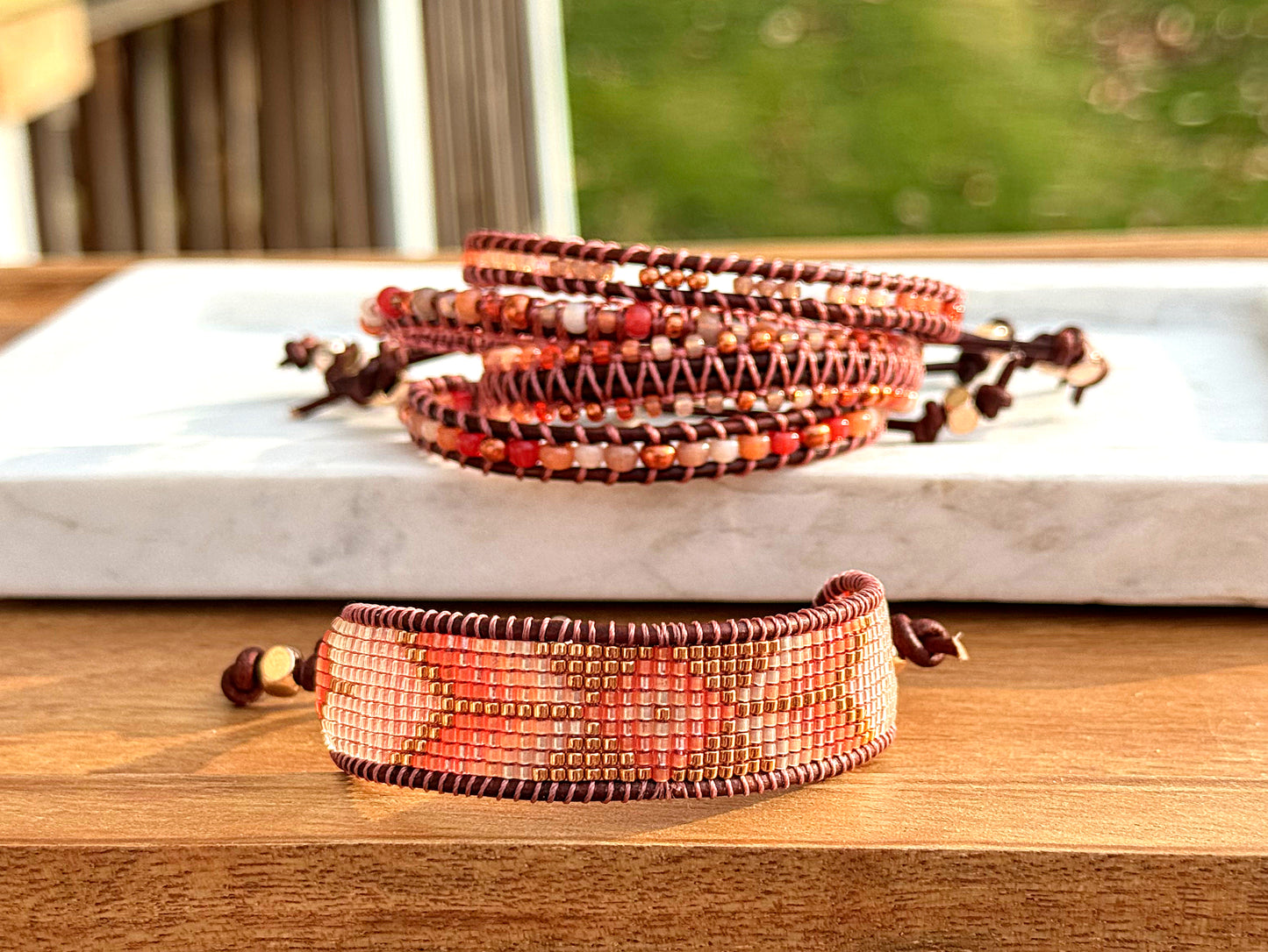 Small Blush,Beige and Copper starburst Bead Loom Woven Bracelet