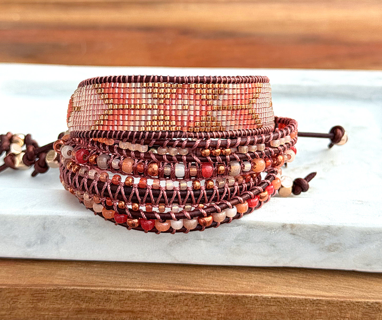 Small Blush,Beige and Copper starburst Bead Loom Woven Bracelet