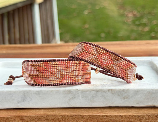 Beige, Blush, and Copper Starburst Bead Loom Woven Bracelet with slide adjustable leather