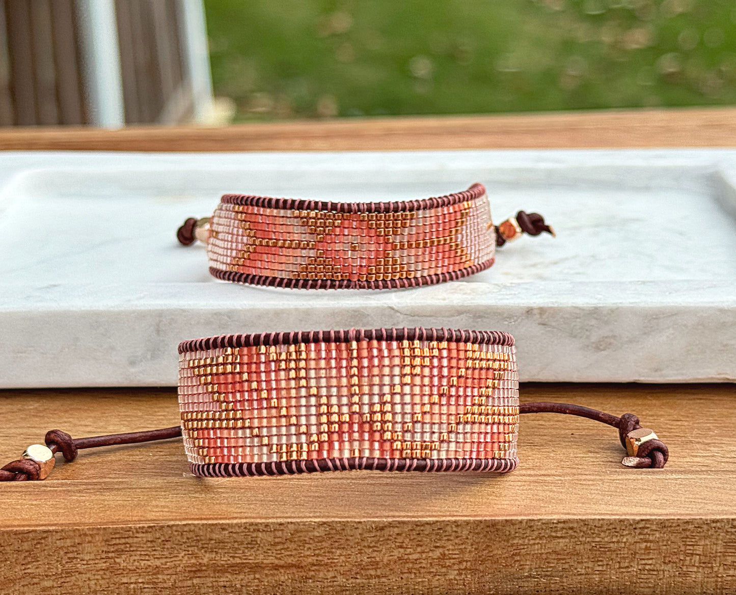Beige, Blush, and Copper Starburst Bead Loom Woven Bracelet with slide adjustable leather