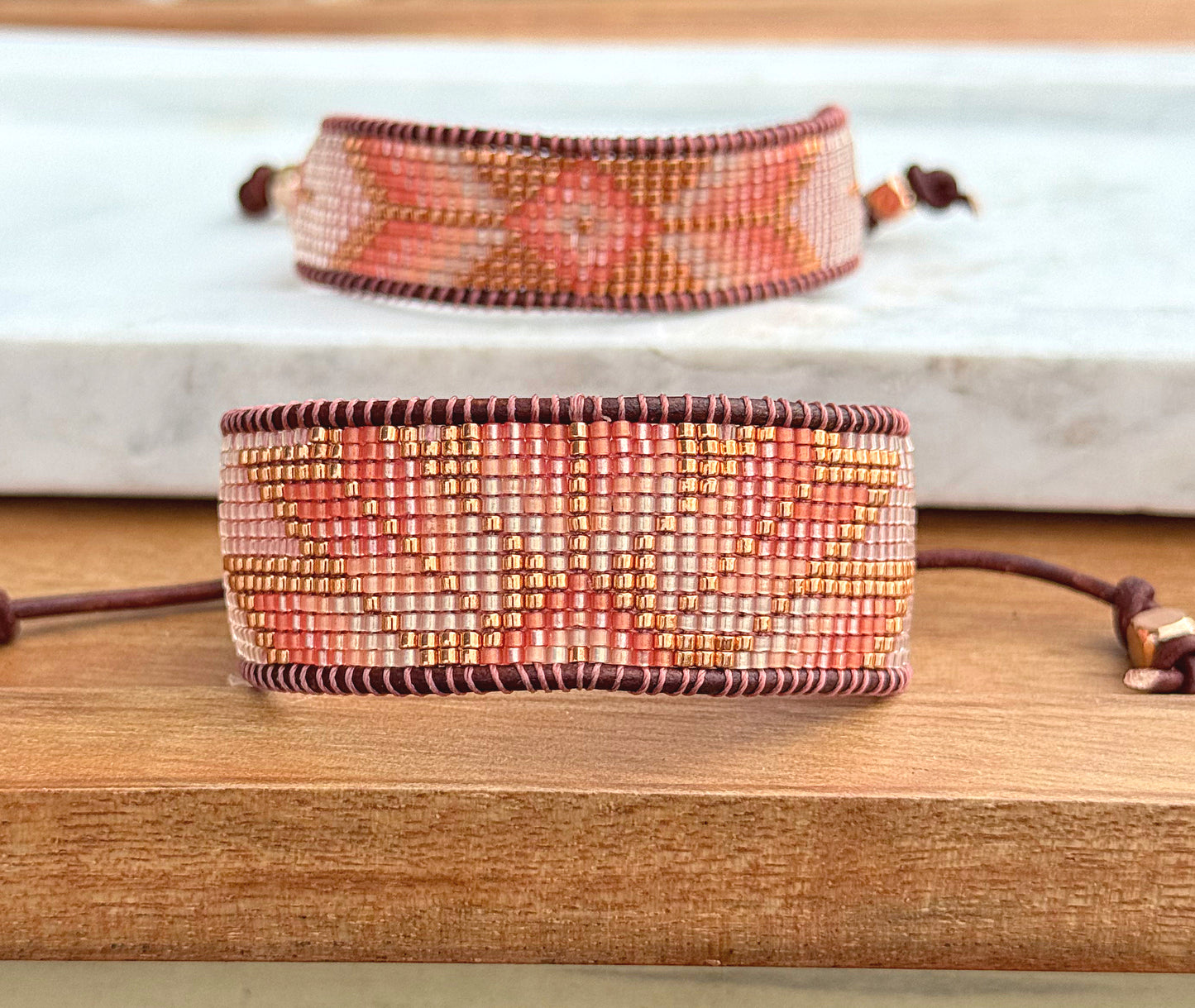 Beige, Blush, and Copper Starburst Bead Loom Woven Bracelet with slide adjustable leather