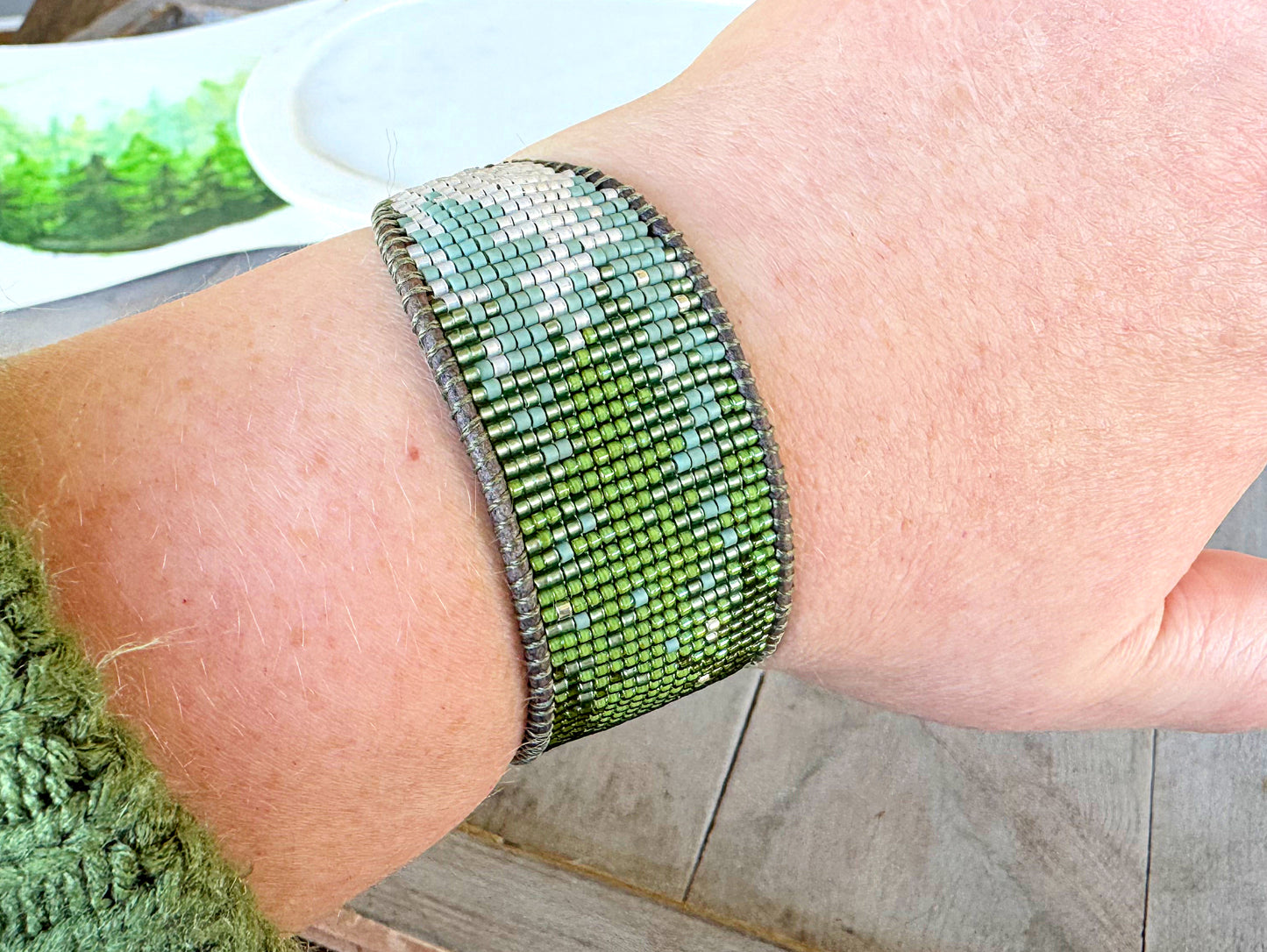 Evergreen Forest Bead Loom Woven Bracelet with Leather Trim