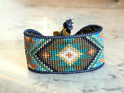 Teal, Brown, Mustard, and Gold Tribal Loom Cuff Bracelet