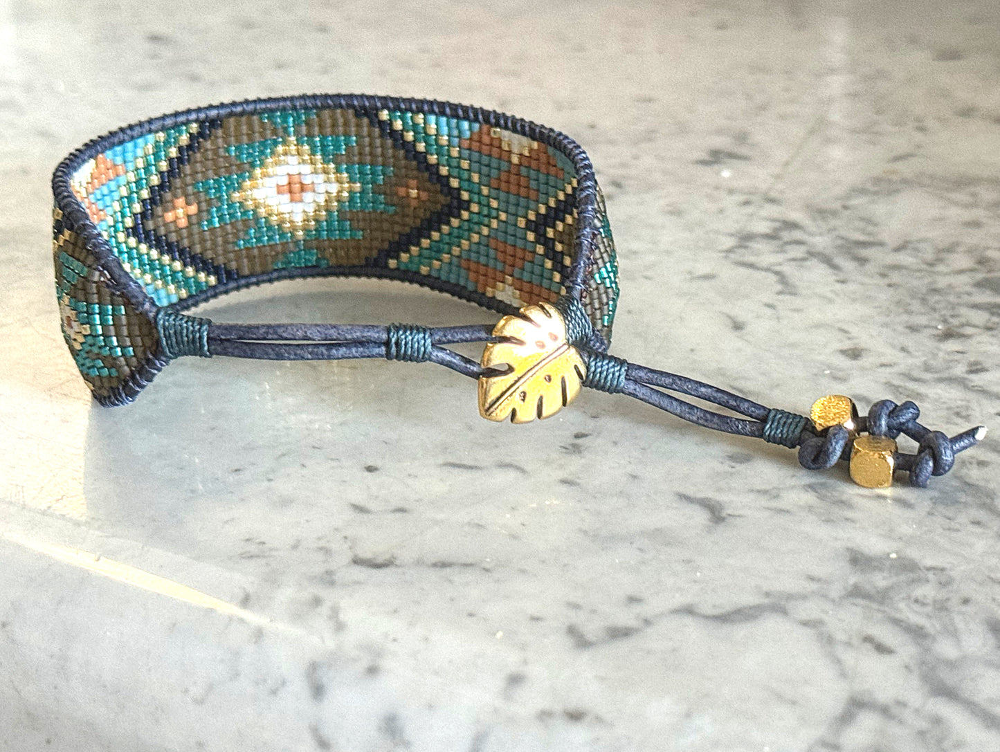 Teal, Brown, Mustard, and Gold Tribal Loom Cuff Bracelet