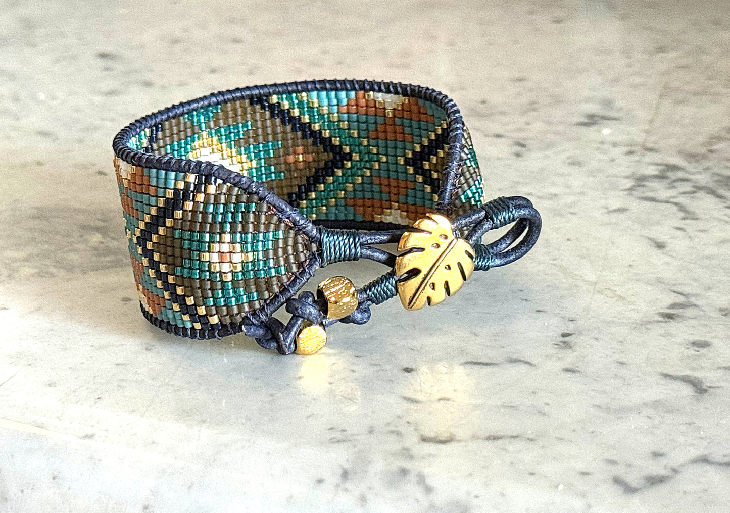 Teal, Brown, Mustard, and Gold Tribal Loom Cuff Bracelet