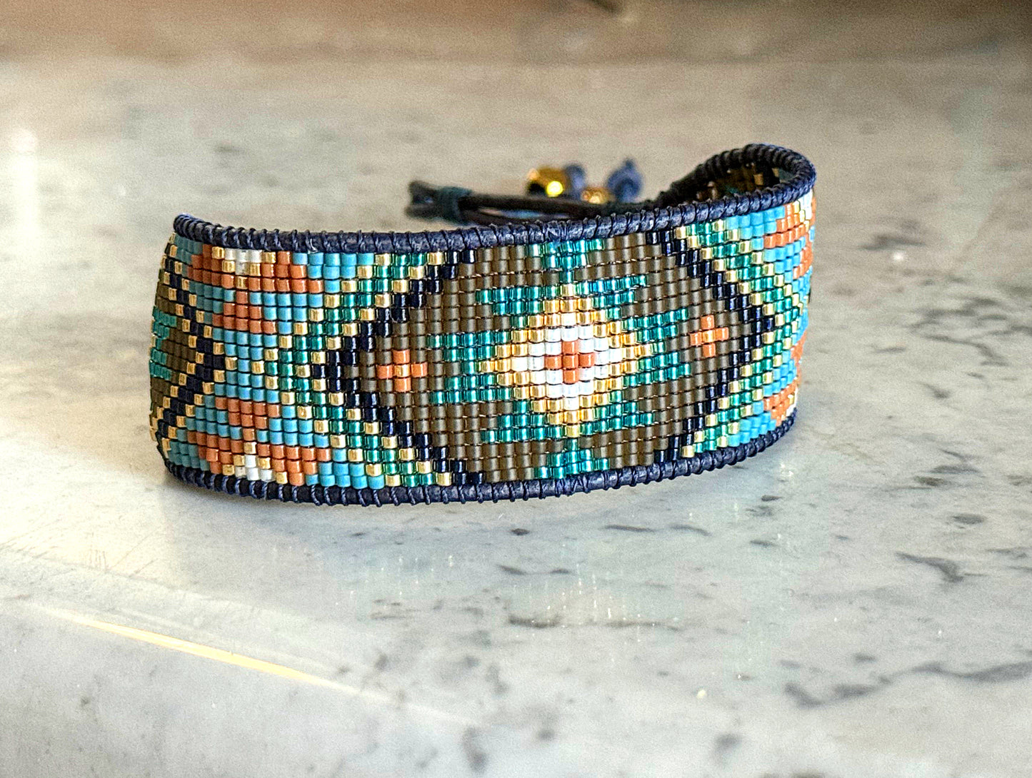 Teal, Brown, Mustard, and Gold Tribal Loom Cuff Bracelet