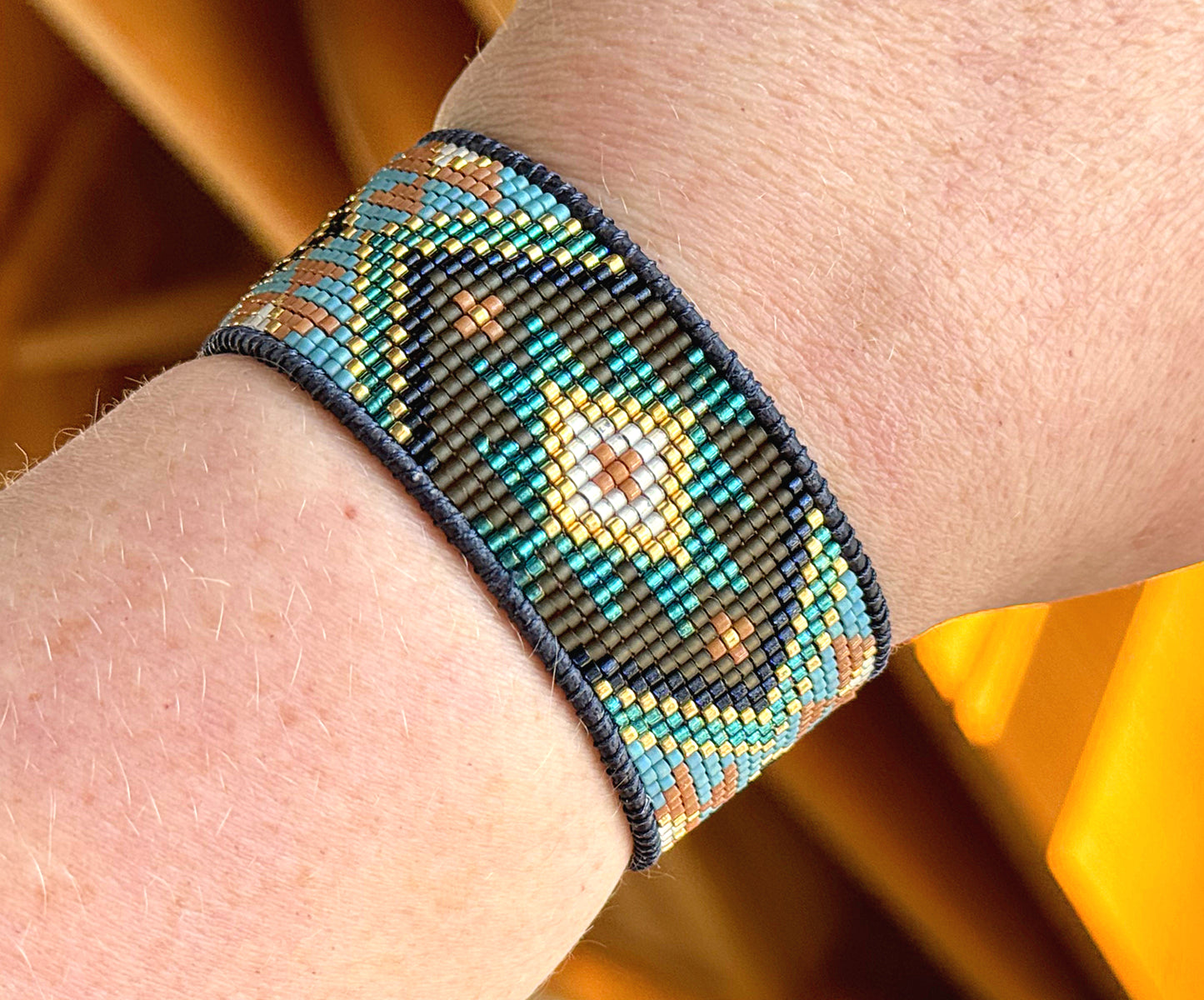 Teal, Brown, Mustard, and Gold Tribal Loom Cuff Bracelet