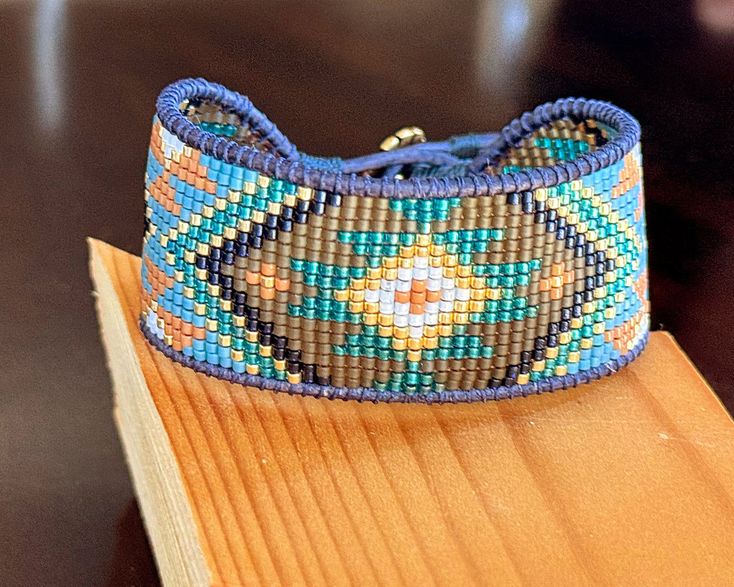 Teal, Brown, Mustard, and Gold Tribal Loom Cuff Bracelet