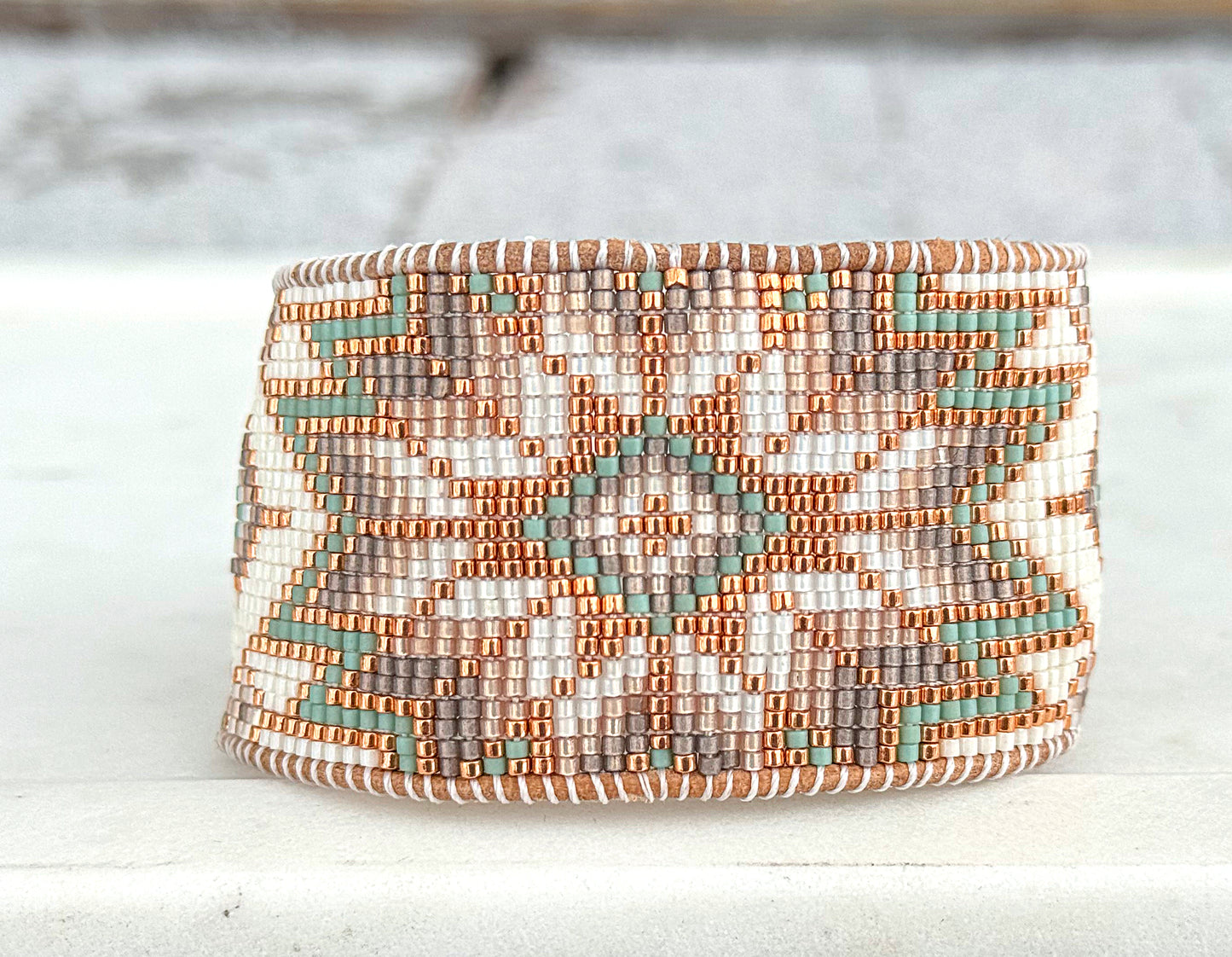 Sage, Copper, and Natural Beige Starburst Bead Loom Woven Leather trimmed Bracelet