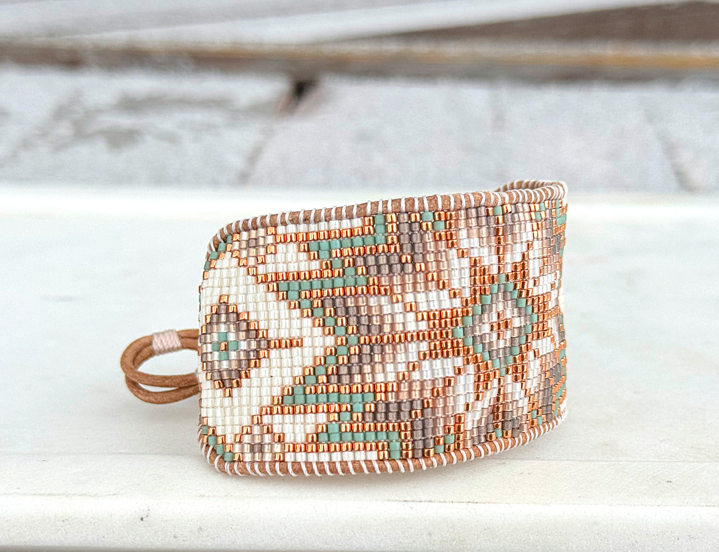 Sage, Copper, and Natural Beige Starburst Bead Loom Woven Leather trimmed Bracelet