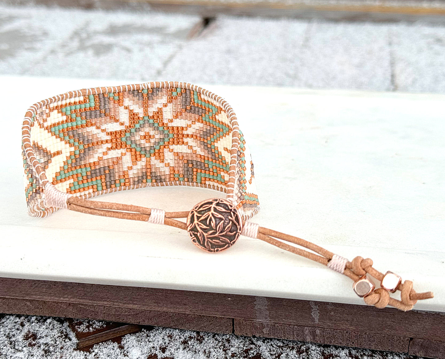 Sage, Copper, and Natural Beige Starburst Bead Loom Woven Leather trimmed Bracelet