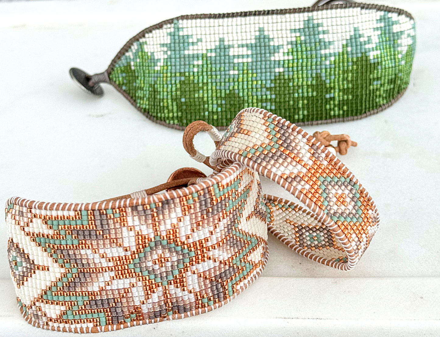 Sage, Copper, and Natural Beige Starburst Bead Loom Woven Leather trimmed Bracelet