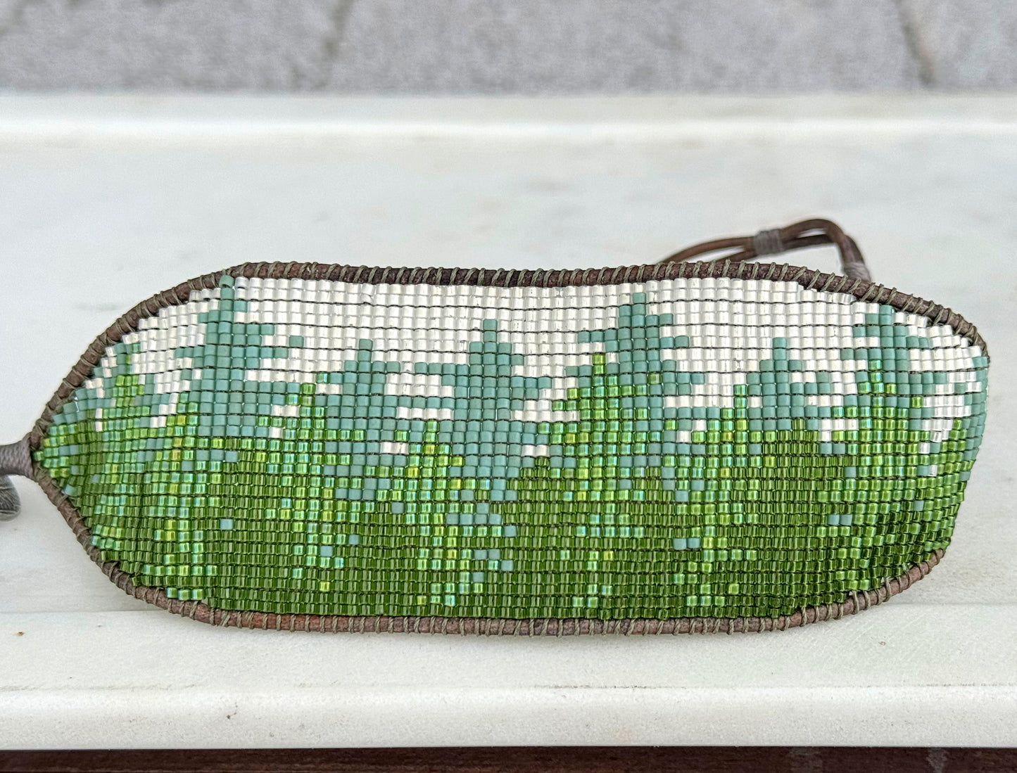 Into the Forest Evergreen Bead Loom Woven Wide Cuff Bracelet with Leather Trim