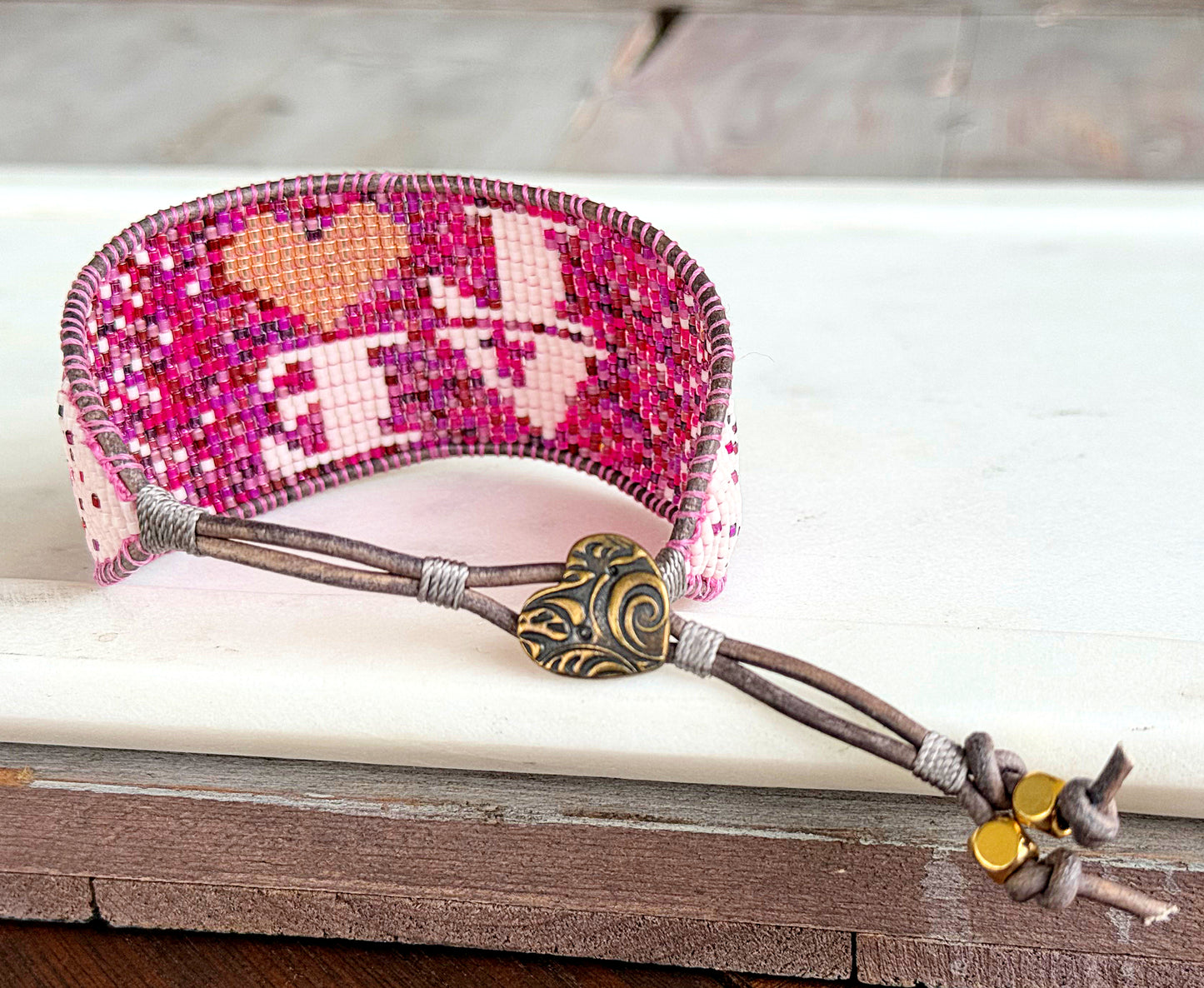 LOVE Valentines Day Pink and Plum Bead Loom Woven Leather trimmed Bracelet