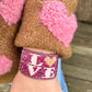 LOVE Valentines Day Pink and Plum Bead Loom Woven Leather trimmed Bracelet