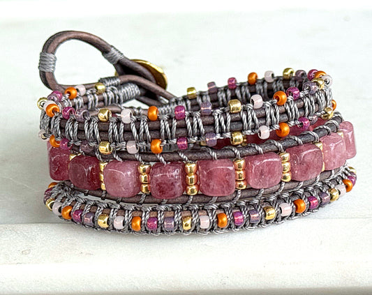 PInk Jade, purple, and gold macrame 3 wrap bracelet