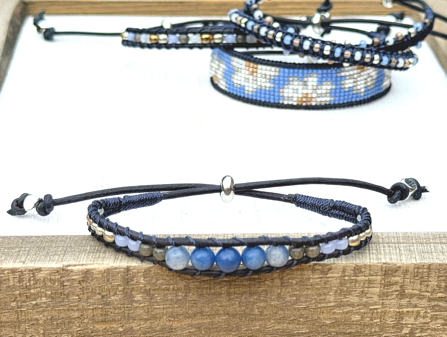Daisy Blue Adventurine and glass bead Adjustable Leather Bracelet