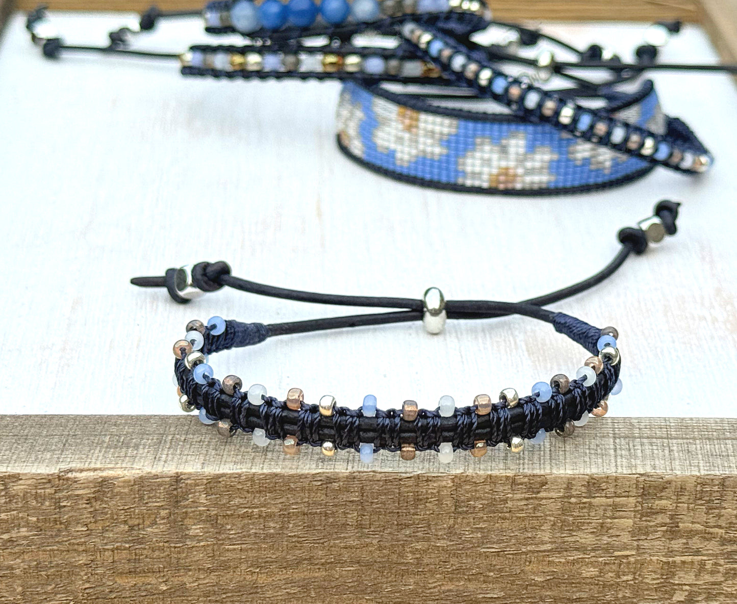 Daisy Blue Adventurine and glass bead Adjustable Leather Bracelet