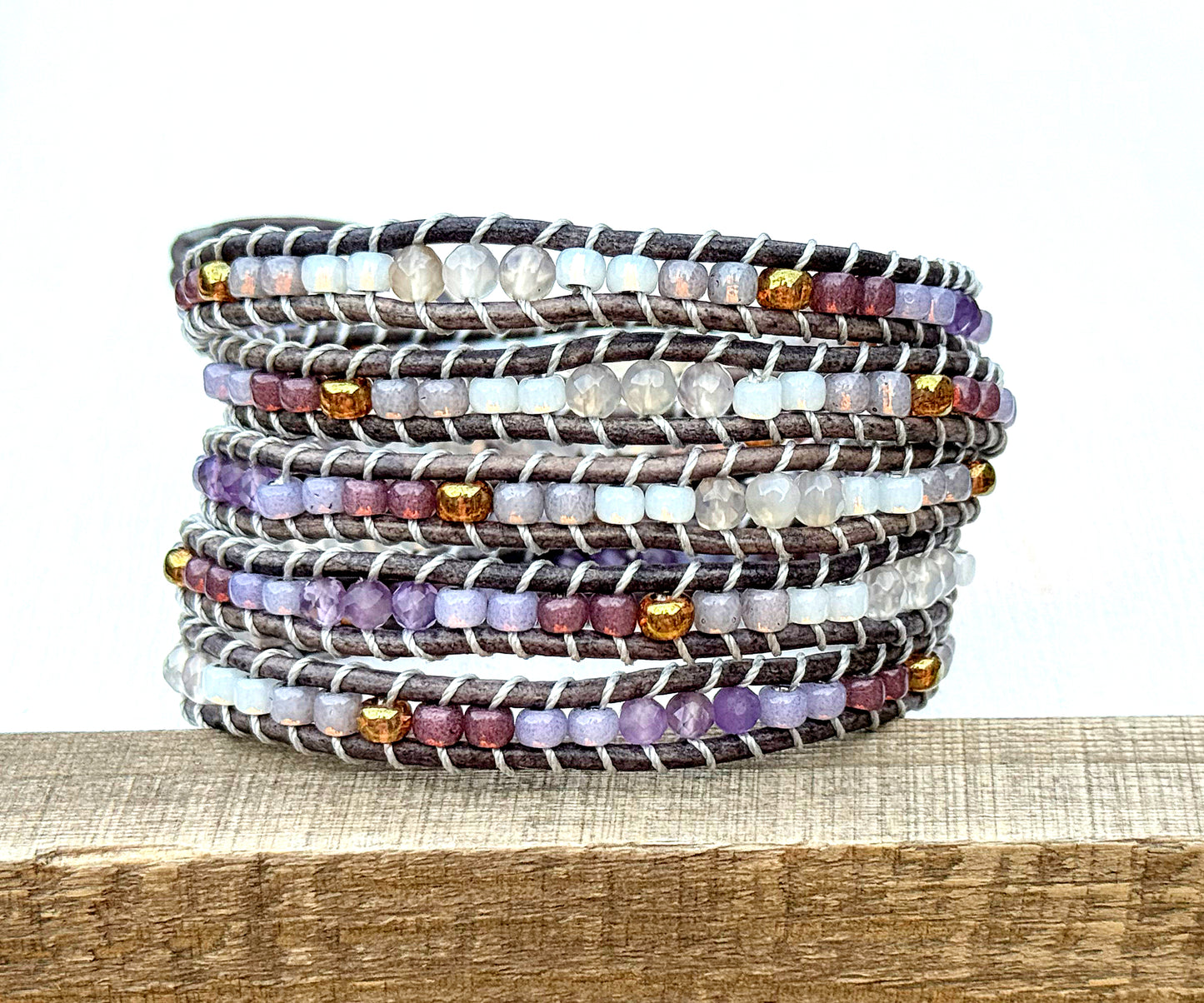 Leather Beaded 5x wrap bracelet with Amathyst and Gray Agate