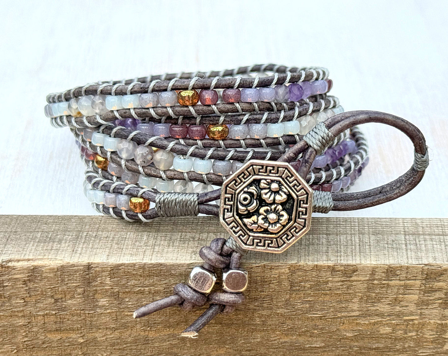 Leather Beaded 5x wrap bracelet with Amathyst and Gray Agate