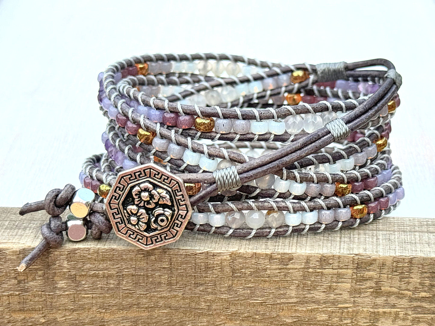 Leather Beaded 5x wrap bracelet with Amathyst and Gray Agate