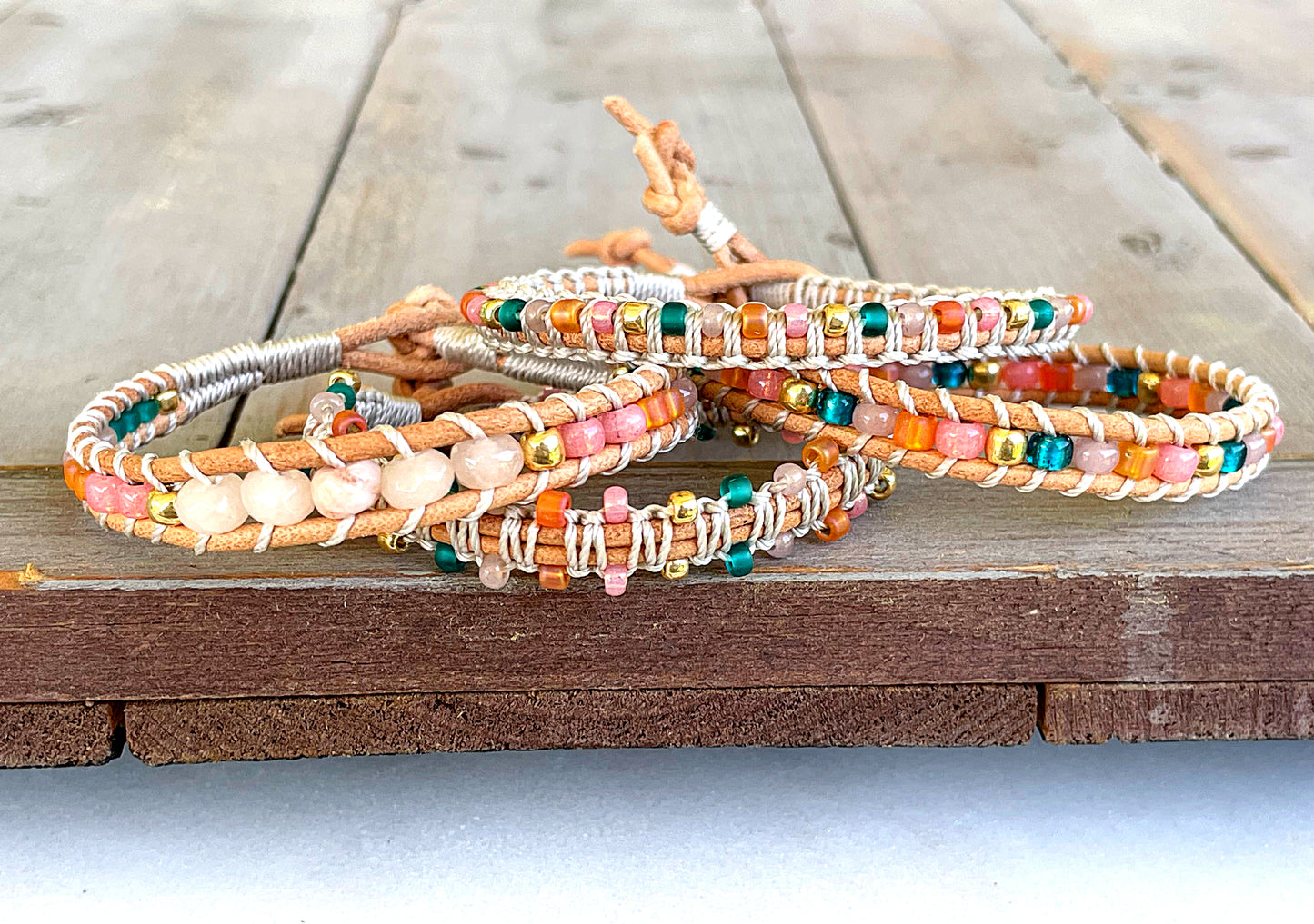 Pink Peach Tan and Teal Leather Beaded Macrame Bracelet Set