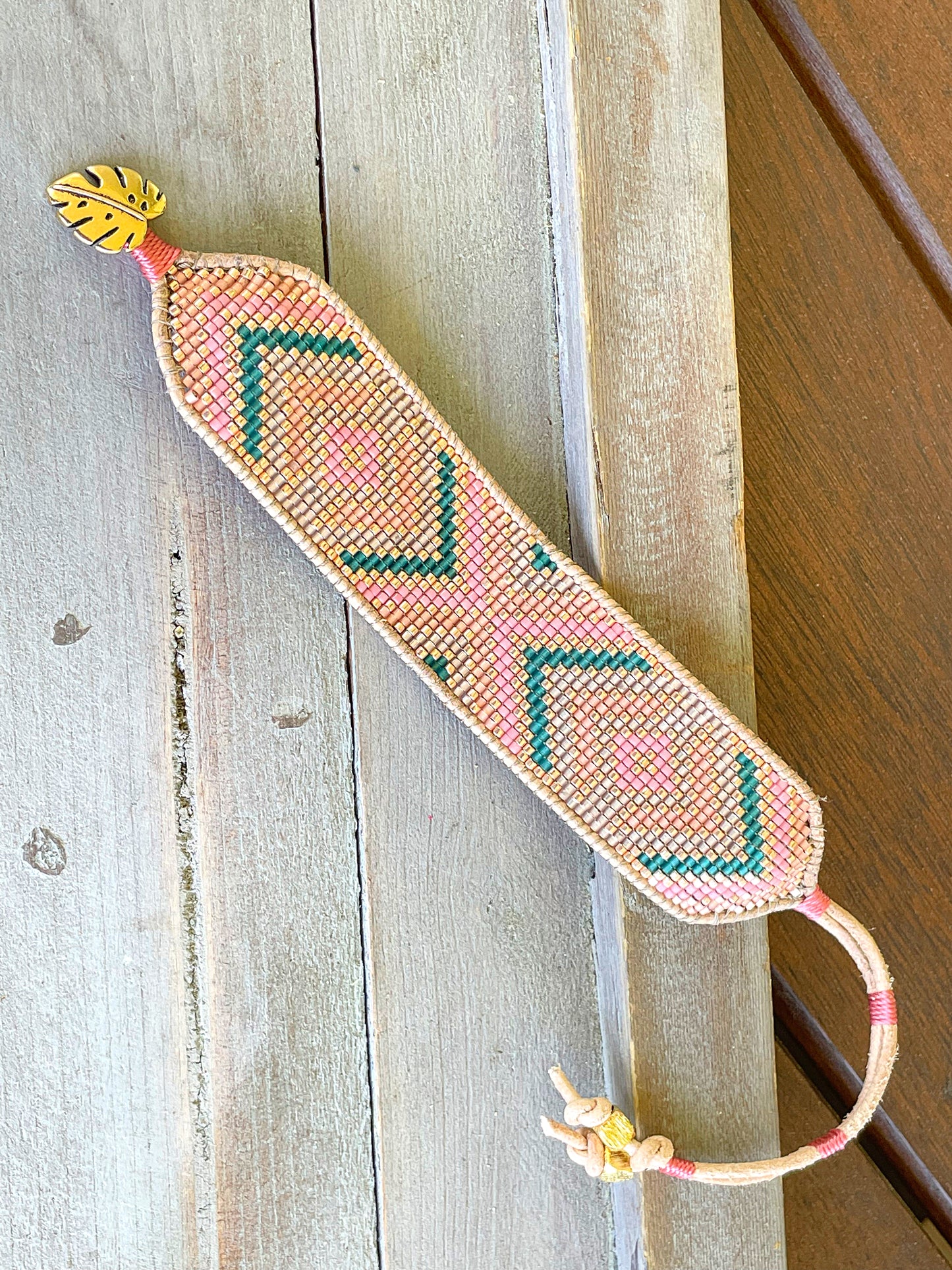 Gold, Tan, Teal, Peach, and Pink Geometric Bead Loom Woven Bracelet