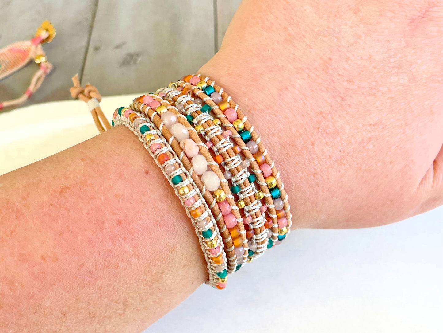 Pink Peach Tan and Teal Leather Beaded Macrame Bracelet Set