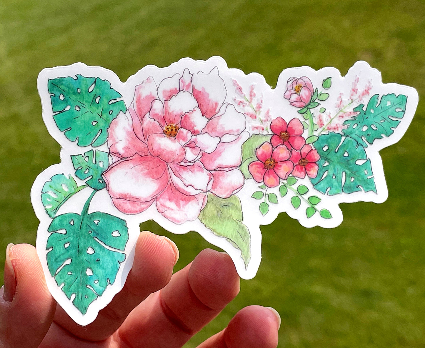 Pink Peony and Monstera Leaf Vinyl waterproof sticker