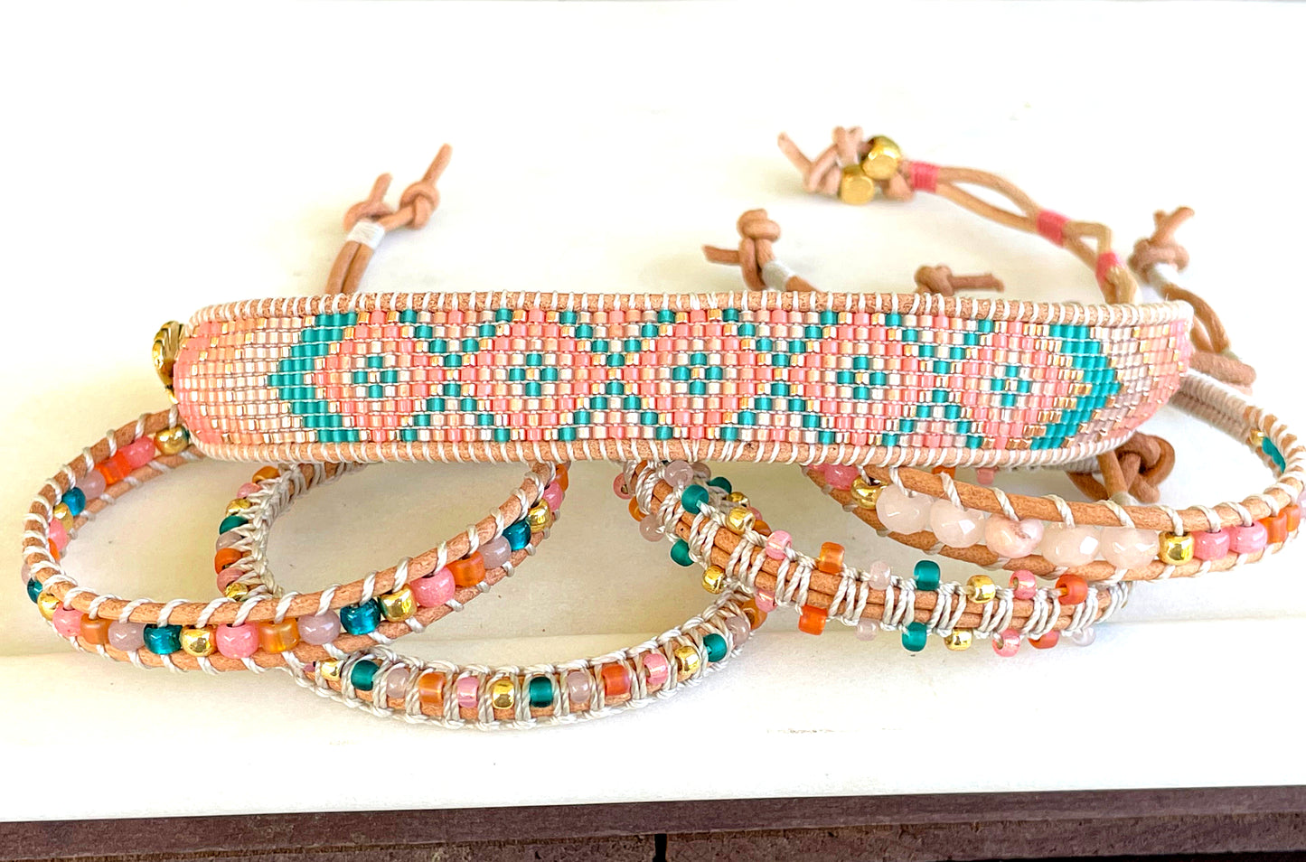 Pink Peach and Teal geometric Diamond ChevronBeaded Macrame Bracelet and Diamond Loom Set