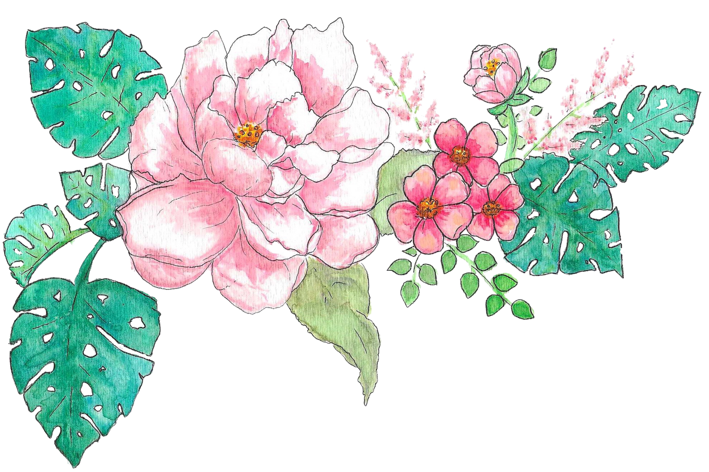 Pink Peony and Monstera Leaf Vinyl waterproof sticker