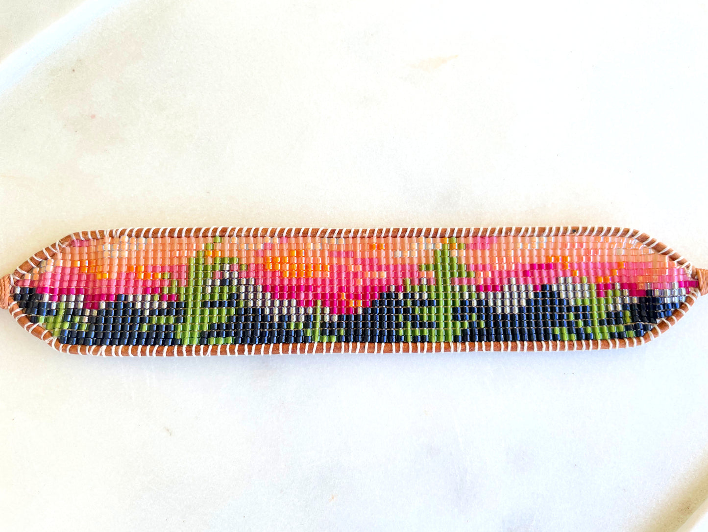 Mountain Sunset Bead Loom Woven Cuff Bracelet with Leather Trim