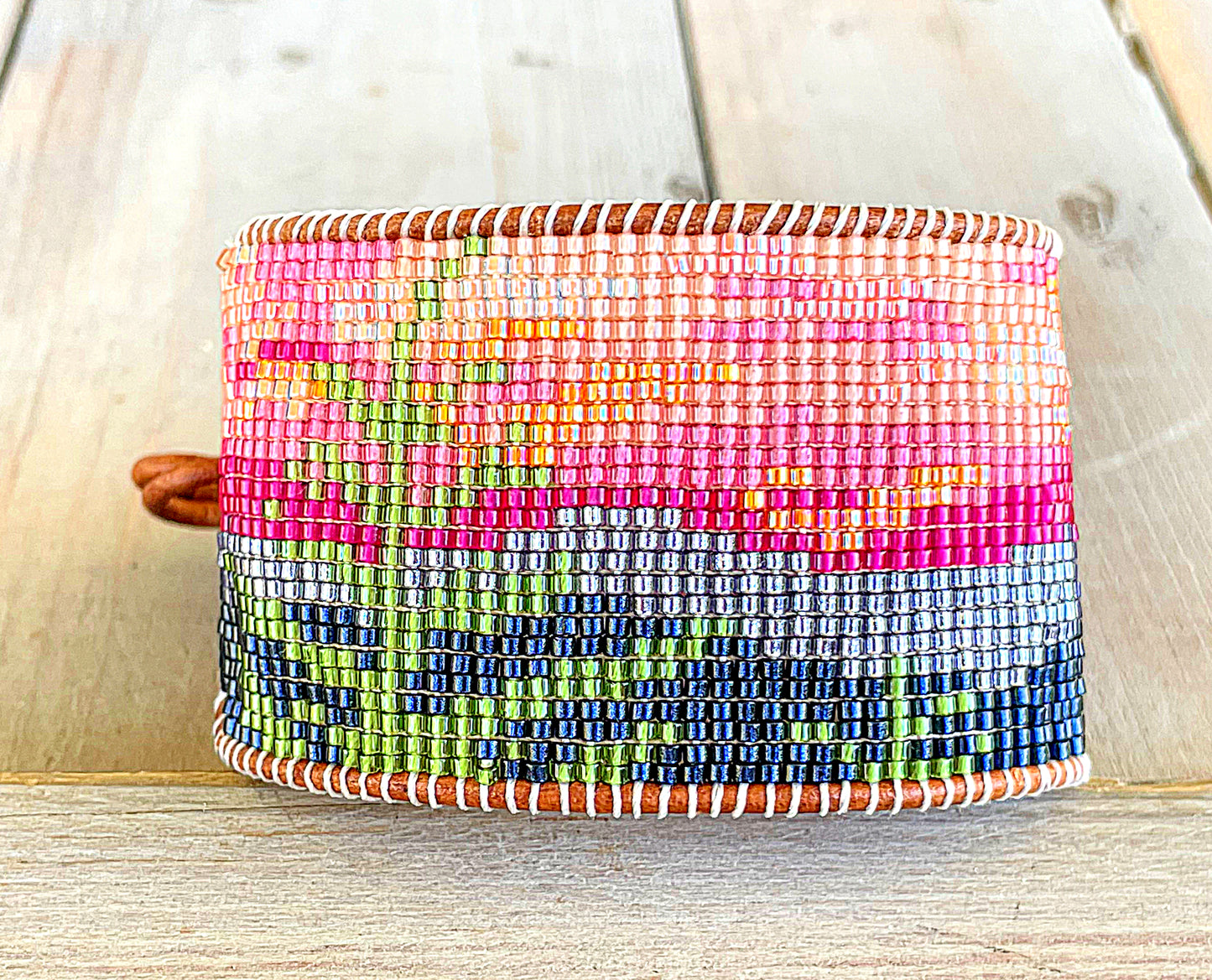 Wide Mountain Sunset Bead Loom Woven Cuff Bracelet with Leather Trim