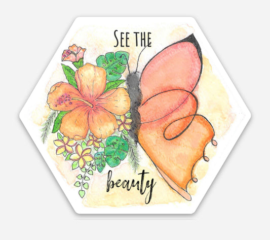 See the Beauty watercolor Hexagon Sticker