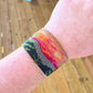 Wide Mountain Sunset Bead Loom Woven Cuff Bracelet with Leather Trim