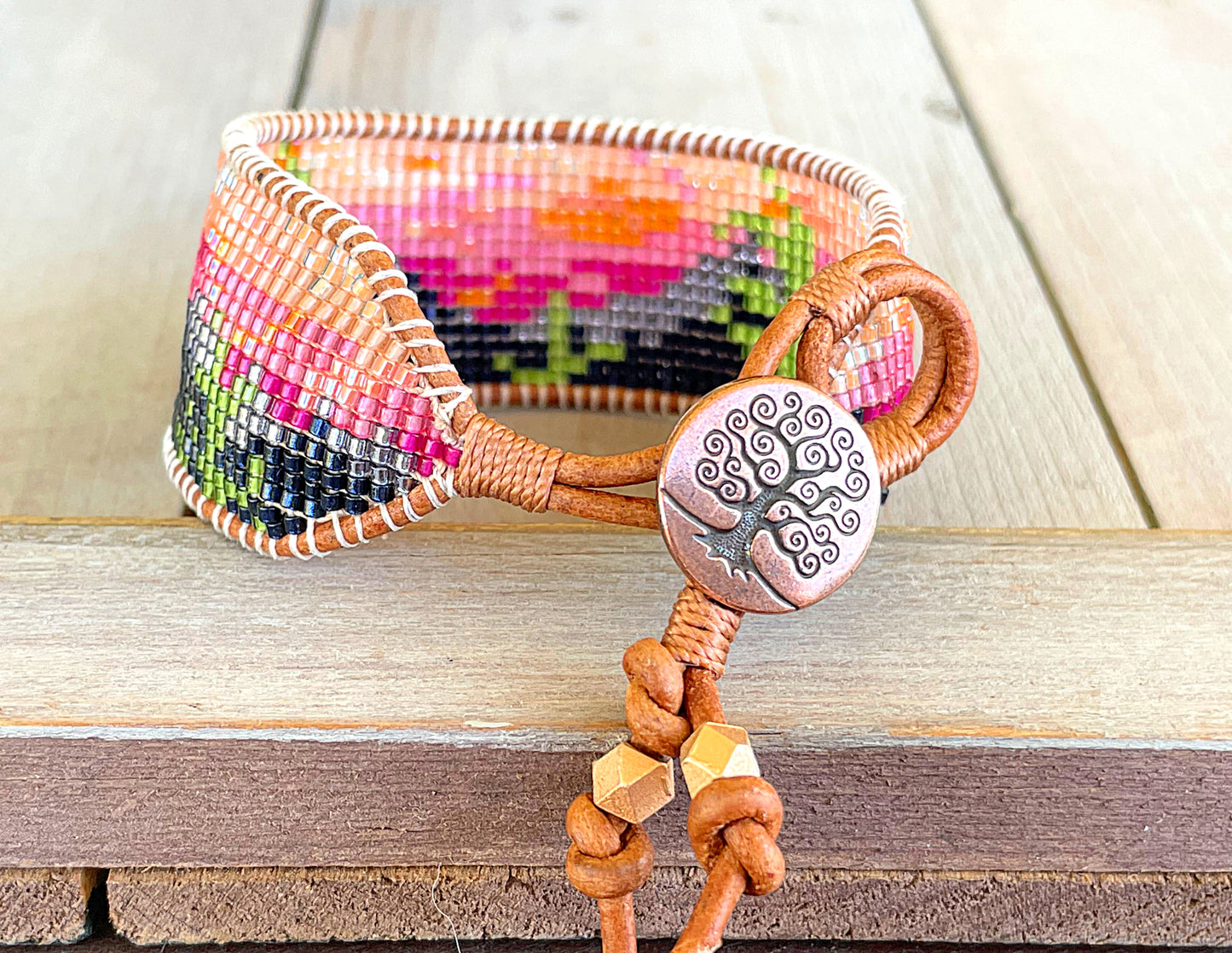 Mountain Sunset Bead Loom Woven Cuff Bracelet with Leather Trim