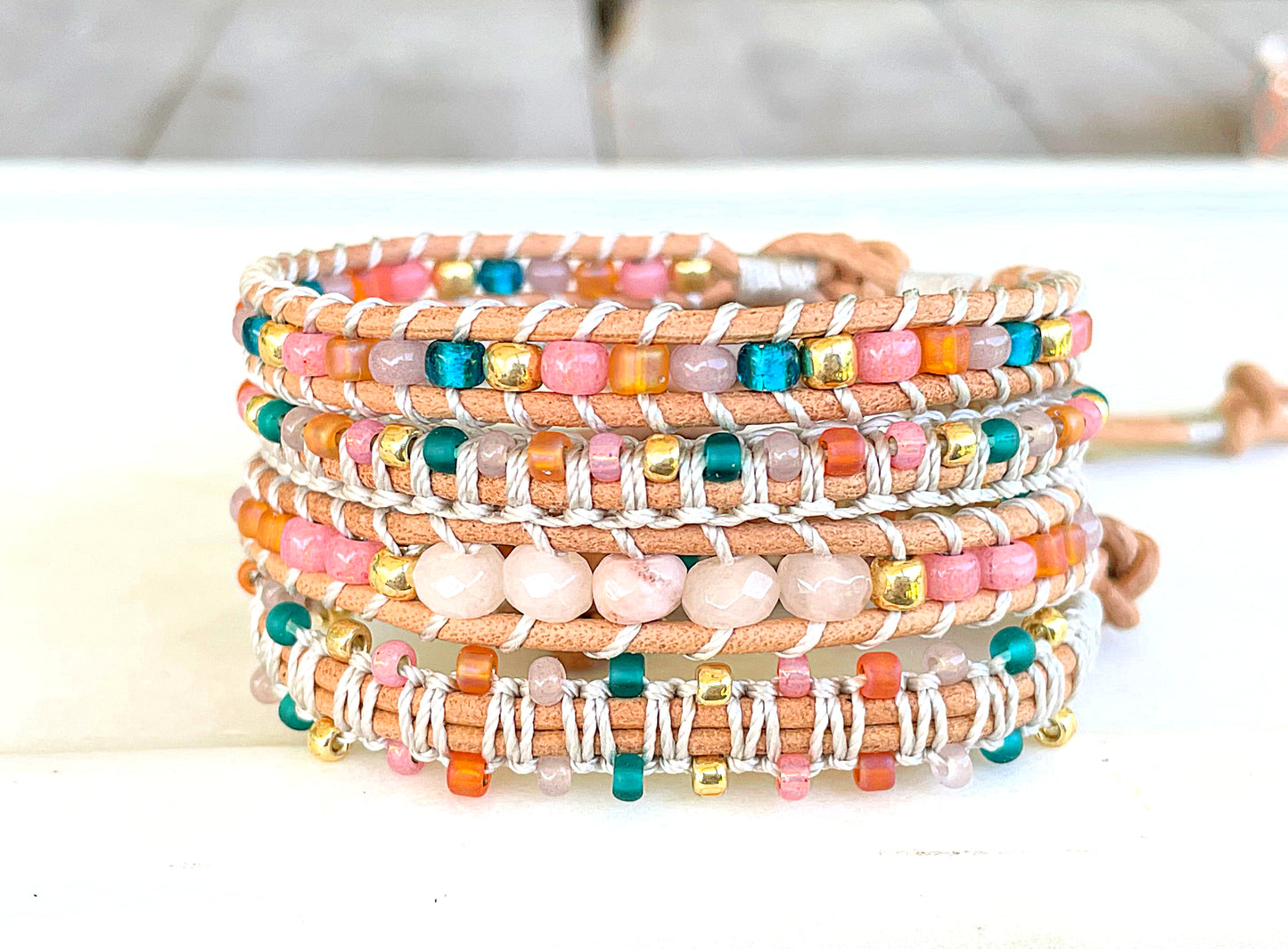 Pink Peach and Teal geometric Diamond ChevronBeaded Macrame Bracelet and Diamond Loom Set