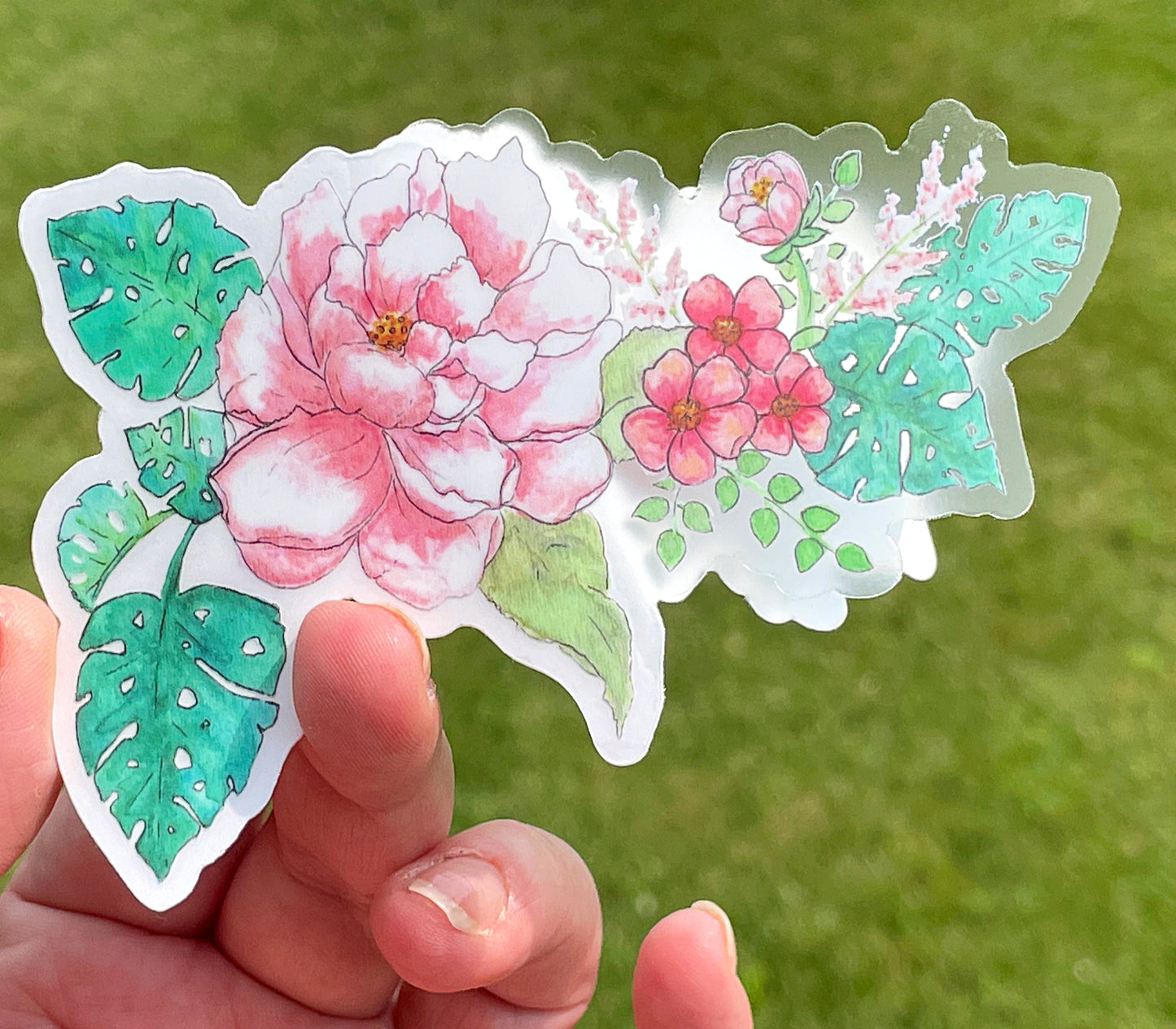 Pink Peony and Monstera Leaf Vinyl waterproof sticker