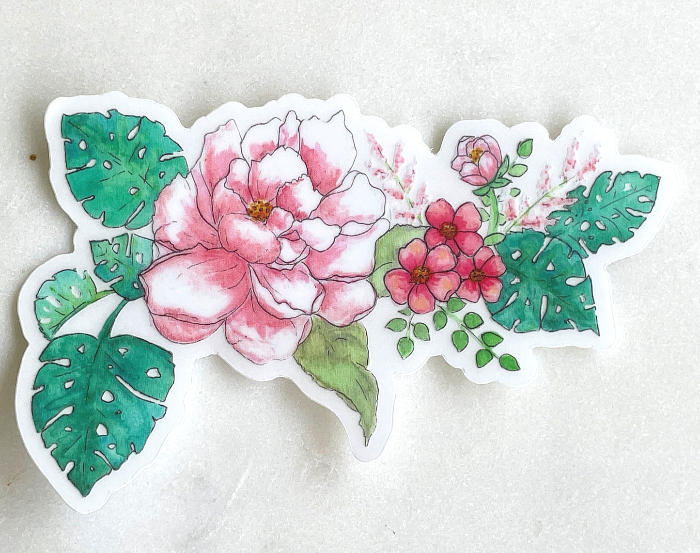 Pink Peony and Monstera Leaf Vinyl waterproof sticker